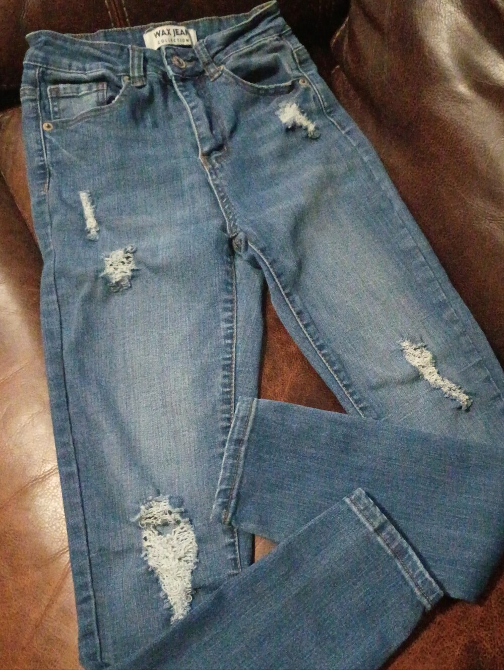 Wax Jean Distressed Skinny Jeans in Blue Wash